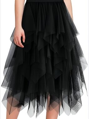 Black Layered Tulle Midi Skirt